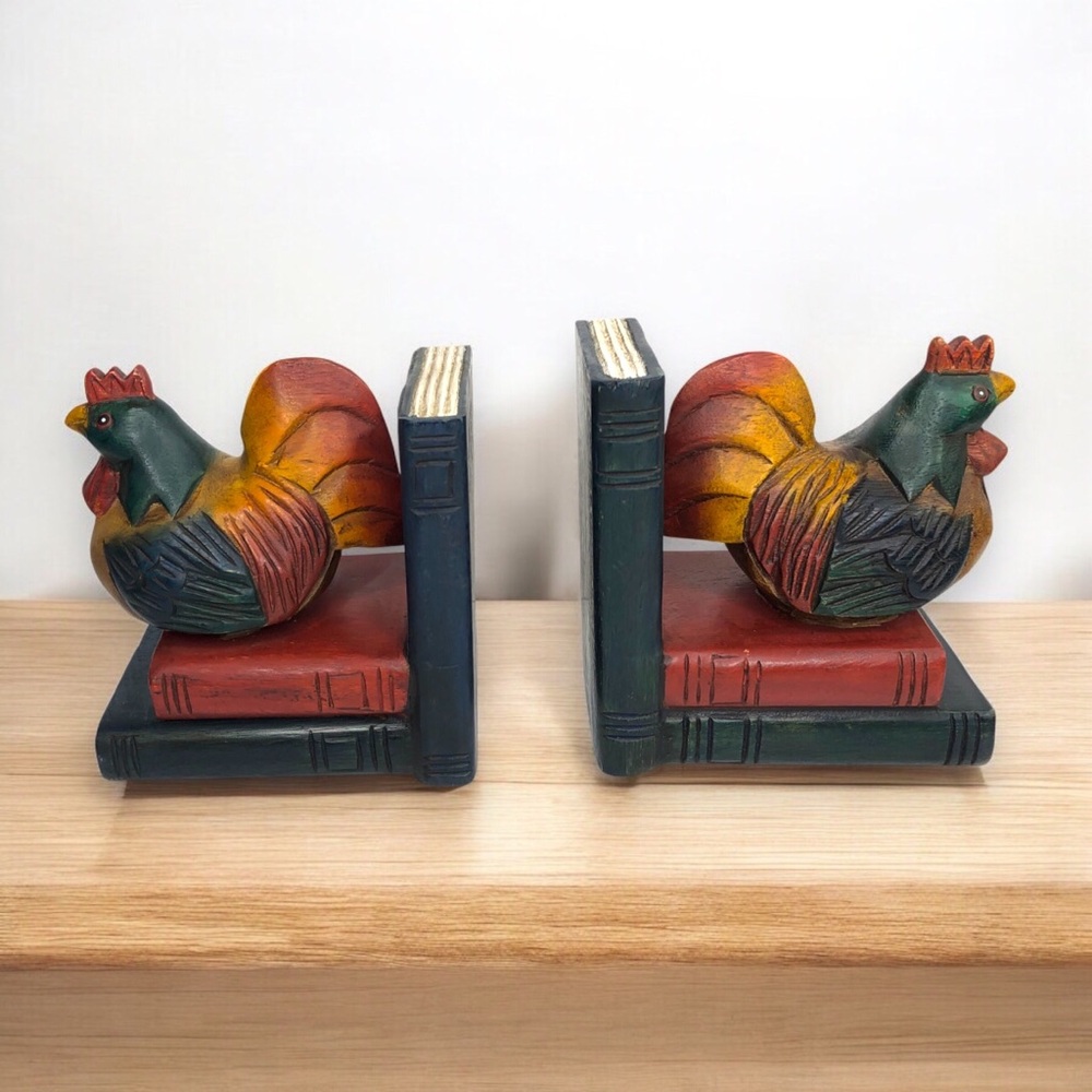 Vtg Hand Carved Wood Rooster on Books Pair of Bookends Folk Art County Farmhouse